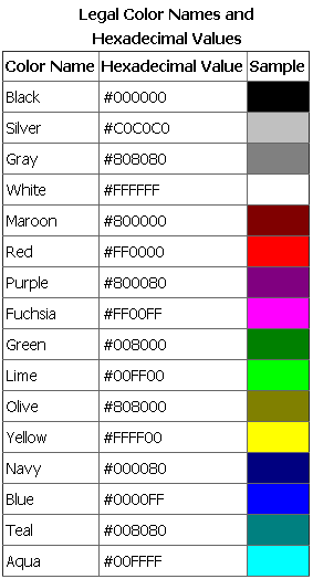 sixteen legal colour name in html 4